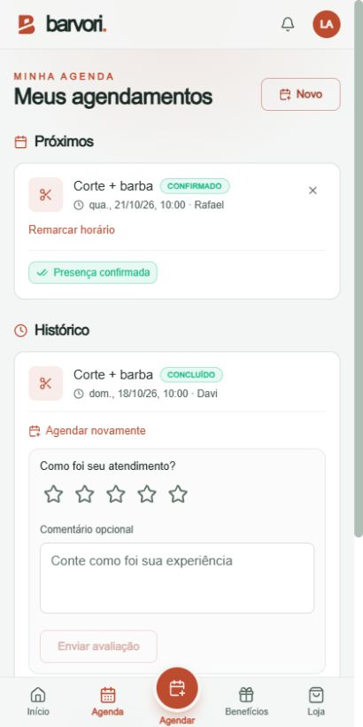Área real do cliente no celular, com histórico e próximo agendamento demonstrativos