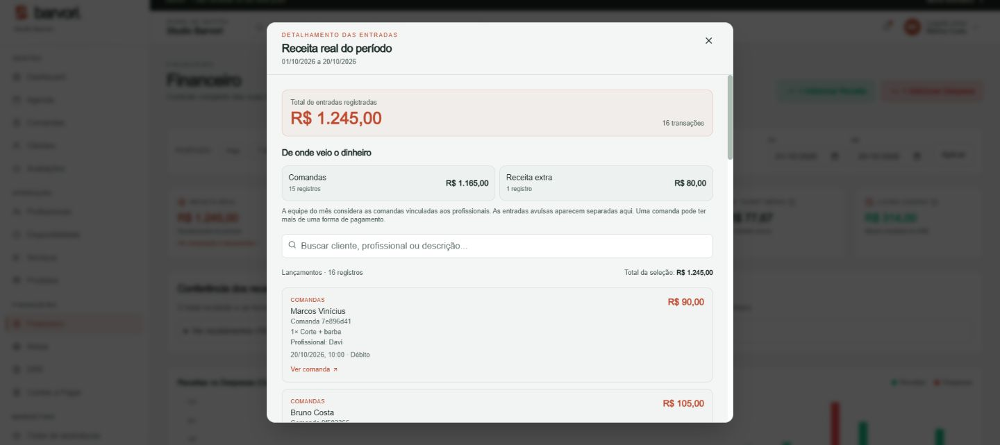 Tela real do Barvori mostrando a origem dos recebimentos, com dados demonstrativos